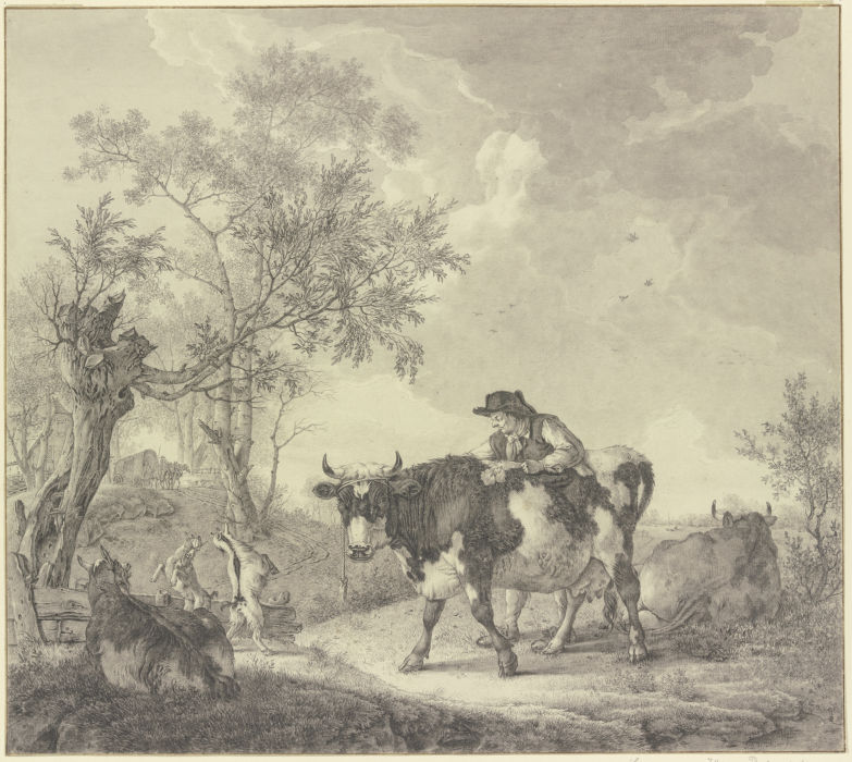 Ein Bauer bei seiner Kuh stehend verfolgt den Kampf zweier Ziegenböcke à Bernhard Heinrich Thier