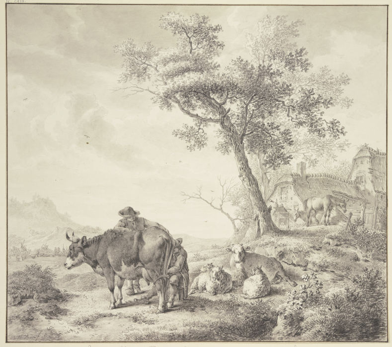 Ein Mann melkt eine Kuh, dabei einige Schafe, rechts zwei Pferde bei Häusern à Bernhard Heinrich Thier