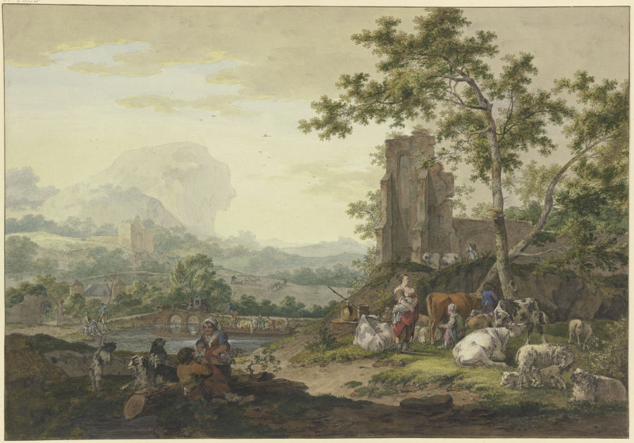 Landschaft, rechts eine Ruine, dabei eine Gruppe von Vieh mit Hirten, eine Frau melkt eine Kuh, der  à Bernhard Heinrich Thier