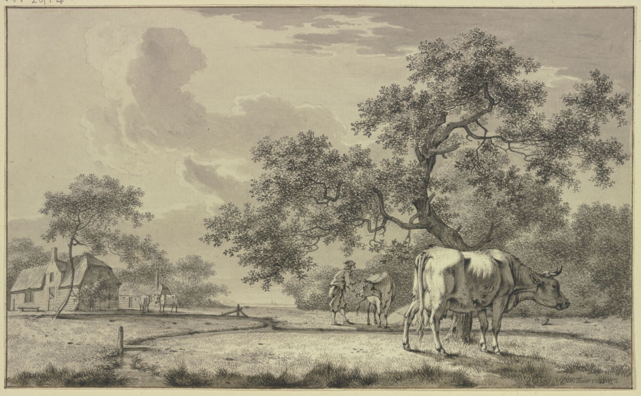 Unter einem Baum ein Bauer bei zwei Kühen à Bernhard Heinrich Thier