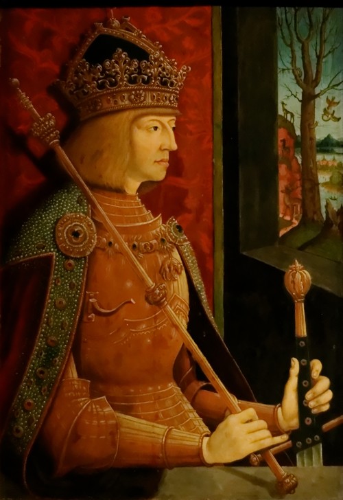 Emperor Maximilian I (1459-1519), with crown, sceptre, and sword à Bernhard Strigel