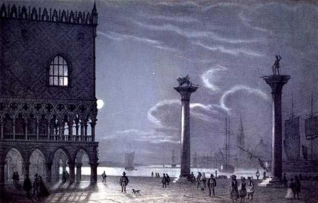 Nocturnal Scene of Palazzo Ducale and the Two Columns, Venice, engraved by Brizeghel (litho) à Berselli