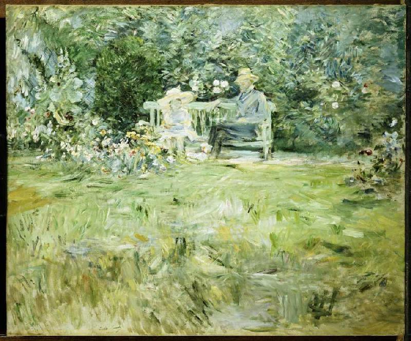 Grand-père et enfant sur le banc de jardin à Berthe Morisot