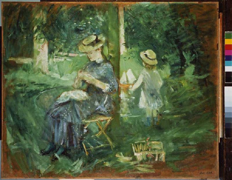 jeune femme dans le jardin en train de coudre à Berthe Morisot