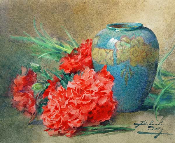 Still Life with Carnations beside a Blue Glazed Vase à Blanche Odin