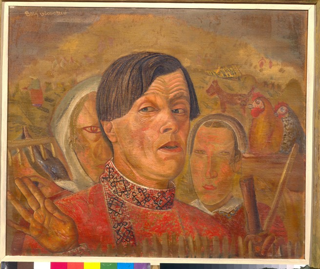 Self-portrait with  the cock and the hen à Boris Dimitrijew. Grigorjew