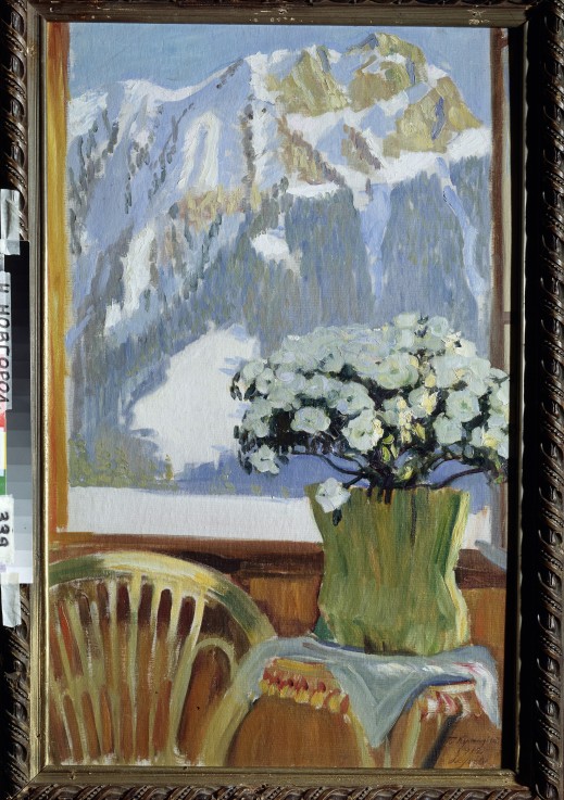 Flowers at the balcony with a view of the mountains à Boris Michailowitsch Kustodiew