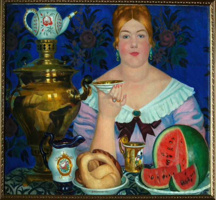 The Merchant's Wife Drinking Tea à Boris Michailowitsch Kustodiew