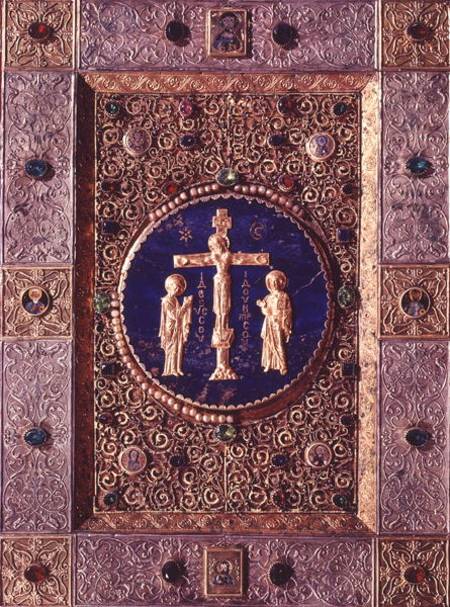 Icon depicting Christ on the cross between the Virgin and St. John the Baptist with medallions of th à Byzantine