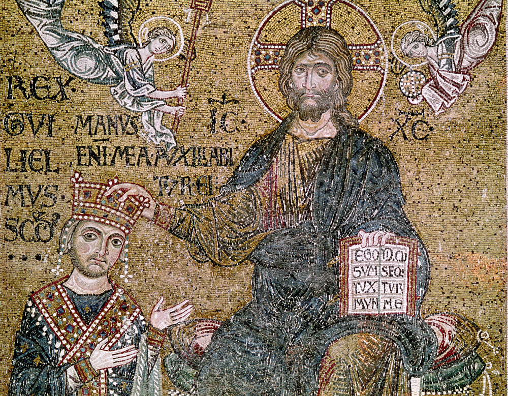 William II (1154-89) King of Sicily receiving a crown from Christ à École byzantine
