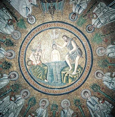 Baptism of Christ, surrounded by the Twelve Apostles à École byzantine