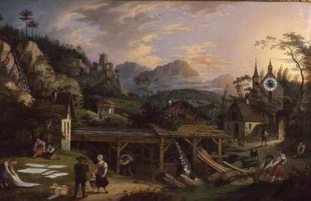 Picture Clock with scene of an Alpine village landscape with clock mechanism in church tower à C. L. Hoffmeister