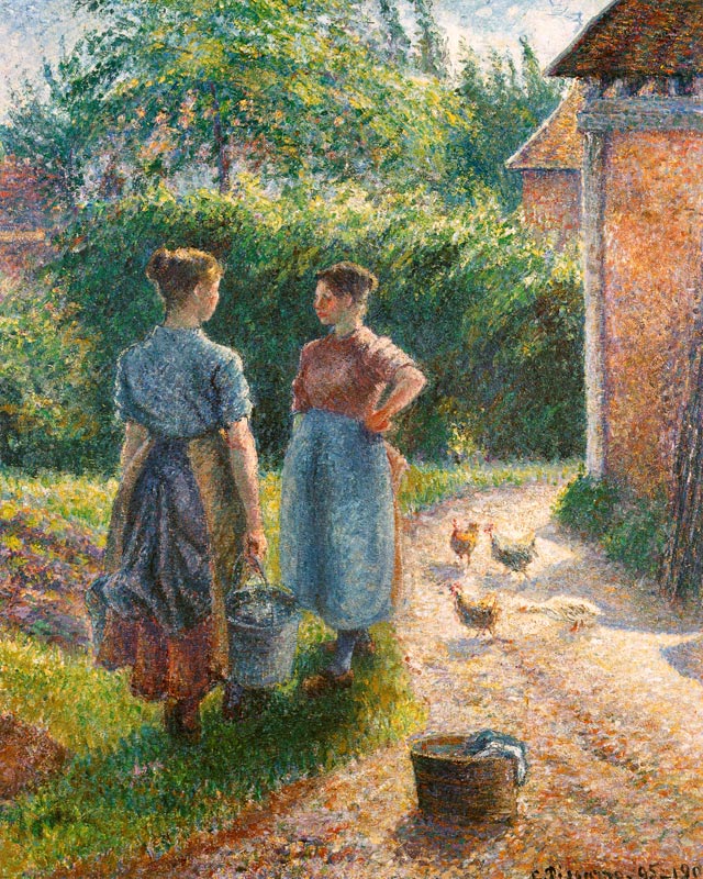 filles de paysan bavardant à la ferme, Eragny à Camille Pissarro