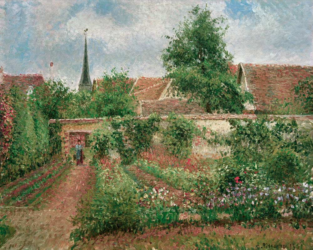 Jardin de légumes à Eragny, ciel couvert, Demain à Camille Pissarro