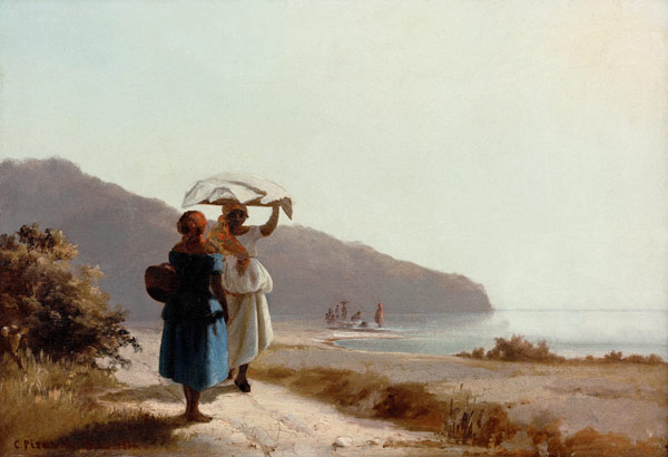 Deux femmes bavardant sur la plage à Camille Pissarro