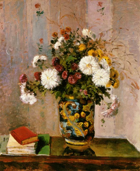 Botte de fleurs : Chrysanthèmes dans un vase de porcelaine de porcelaine à Camille Pissarro