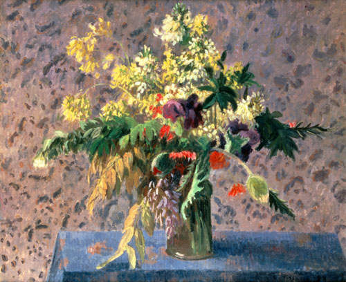 Botte de fleurs avec des bourgeons de coquelicots et iris. à Camille Pissarro