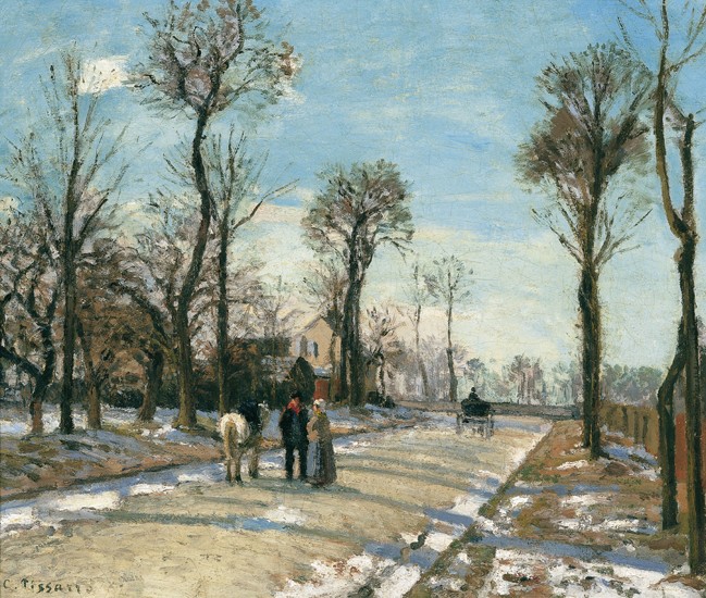 Route de Versailles, Louveciennes, Winter Sun and Snow à Camille Pissarro