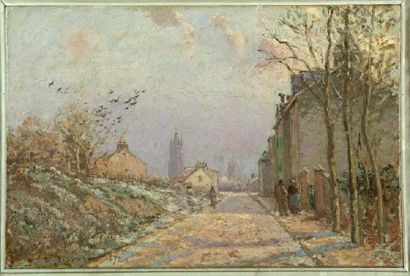 Route de faubourg dans la neige à Camille Pissarro