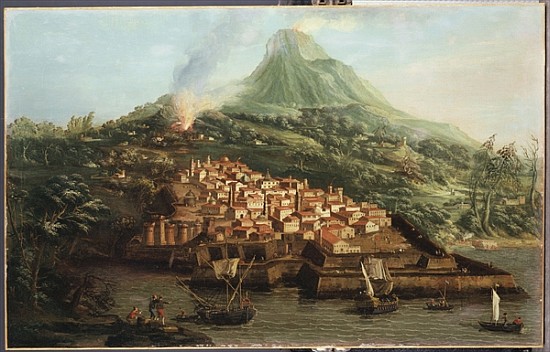 A volcanic island with a harbour and shipping (see also 335991) à Giovanni Antonio Canal