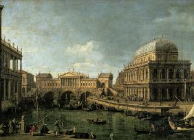 Capriccio avec le Ponte di Rialto à Venise d'après le dessin d'Andrea Palladio et la basilique en V