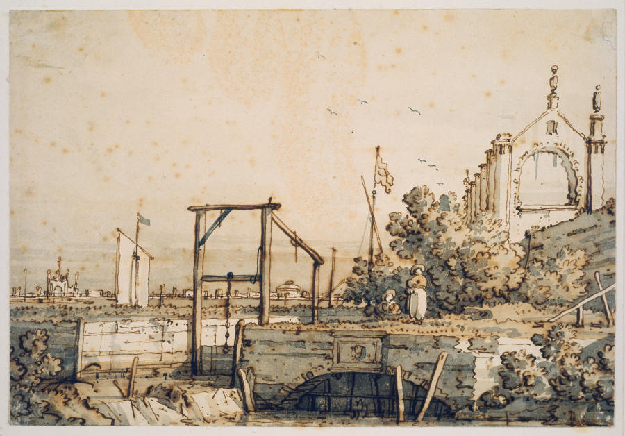 Capriccio with a Lock Gate by a River à Canaletto (Giovanni Antonio Canal)