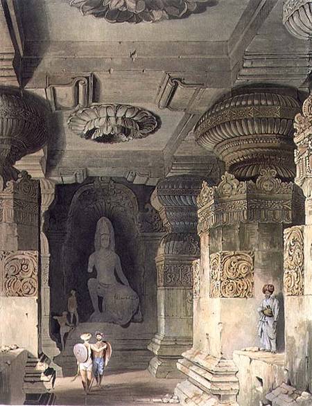Interior of the Cave Temple of Indra Subba at Ellora, from Volume II of 'Scenery, Costumes and Archi à Captain Robert M. Grindlay