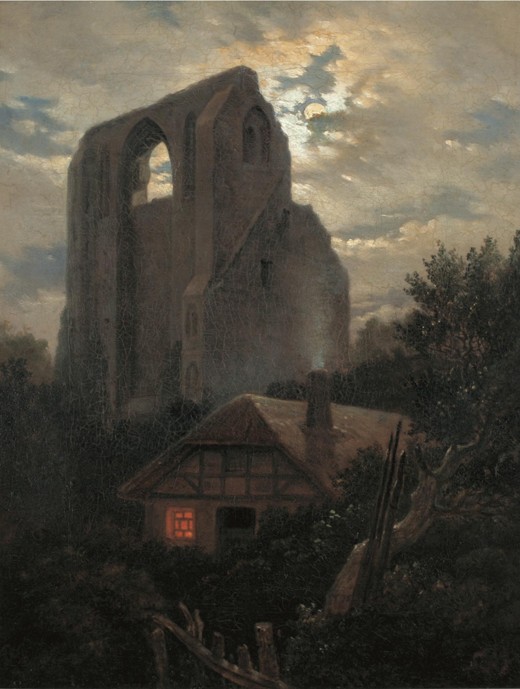 Ruins of the Eldena Monastery with cottage near Greifswald in Moonlight à Carl Gustav Carus