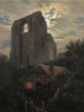 Ruins of the Eldena Monastery with cottage near Greifswald in Moonlight