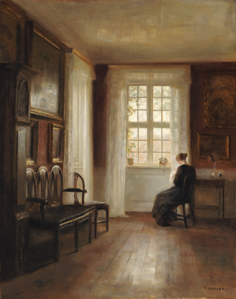 Interior with Woman Sewing (oil on canvas) à Carl Holsoe