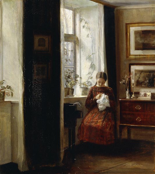 Handarbeitendes Mädchen. à Carl Holsoe