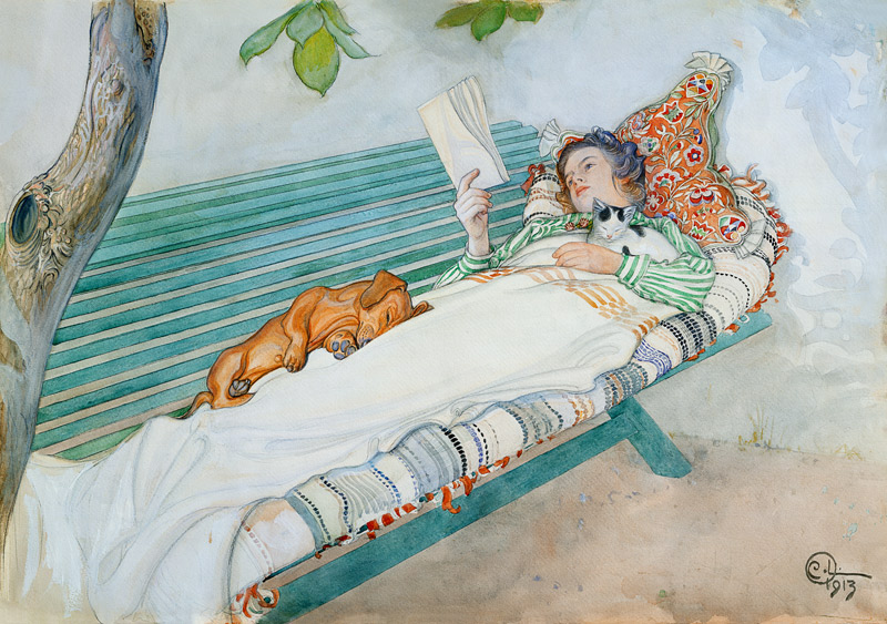 Woman Lying on a Bench à Carl Larsson