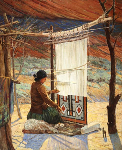 Navaho Weaver, Canyon de Chelly, Navaho Reserve (oil on canvas mounted on panel) à Carl Moon