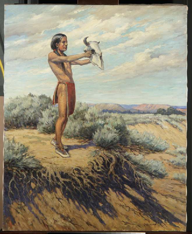 Indian boy with buffalo skull (oil on canvas) à Carl Moon