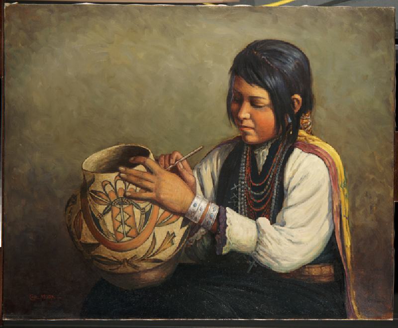 Isleta Pottery Maker, Pueblo of Isleta, New Mexico (oil on canvas) à Carl Moon