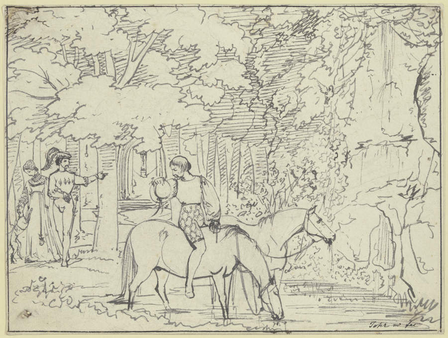 An einem Waldrand tränkt ein Reitknecht zwei Pferde à Carl Philipp Fohr