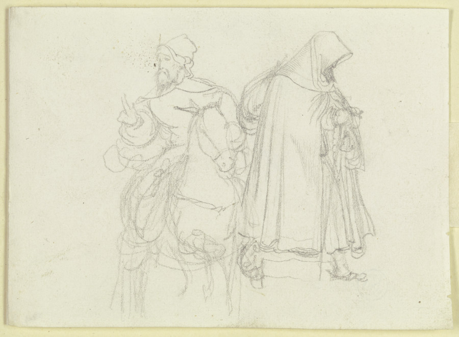 Mann mit Kappe und Bart zu Pferde; nach rechts schreitender Mönch à Carl Philipp Fohr