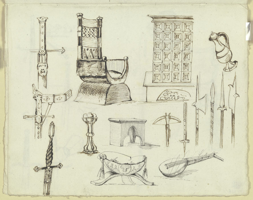 Mittelalterliche Möbelstücke, ein Kachelofen, Waffen und Gerätschaften à Carl Philipp Fohr