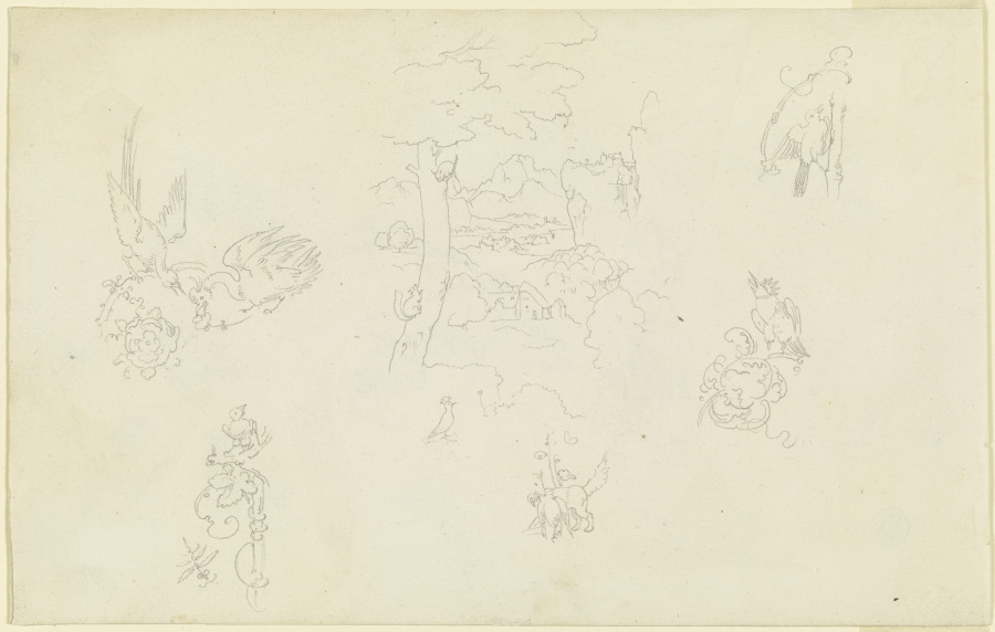 Ranken mit verschiedenen Tieren; Landschaft mit einem Baum, in dem zwei Eichhörnchen spielen à Carl Philipp Fohr