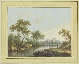 Landschaft mit einem Fluß, an dessen von Bäumen bestandenem Ufer rechts ein Angler steht