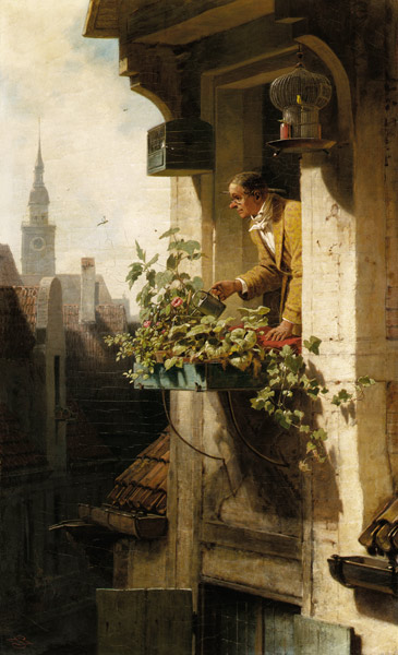 Mann beim Gießen des Blumenkastens. à Carl Spitzweg