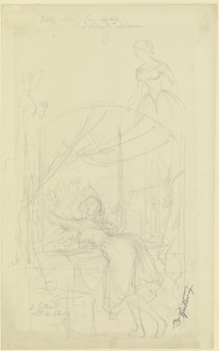 Mädchen am Fenster, einen Blumenstock umarmend, darüber Skizzen zweier Mädchen à Carl Spitzweg