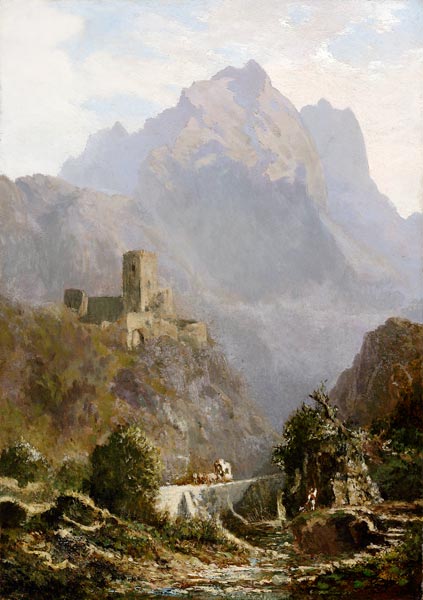 Romantische Abendlandschaft in Südtirol (Post im Gebirge). à Carl Spitzweg
