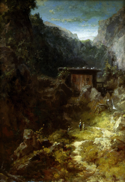 Spitzweg / Mountain Mill & Three Figures à Carl Spitzweg