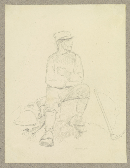 Arbeiter, auf einem Stein sitzend, neben ihm eine Spitzhacke à Carl Theodor Reiffenstein