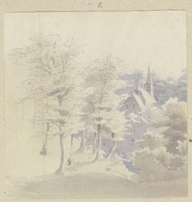 Blick durch Bäume auf das Kloster Nothgottes à Carl Theodor Reiffenstein