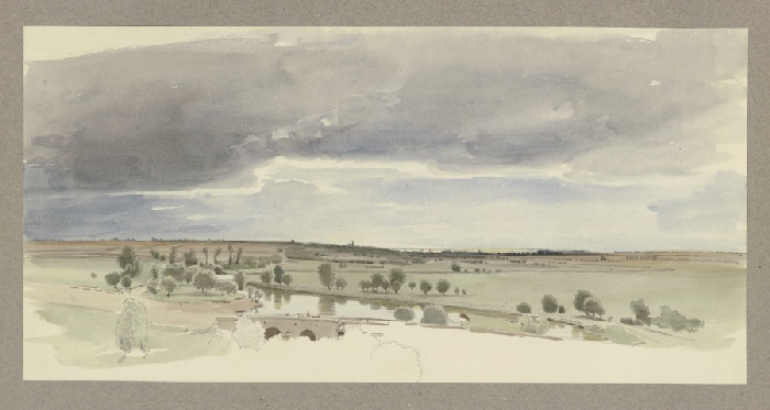 Landschaft mit Gewässer und steinernem Staudamm à Carl Theodor Reiffenstein