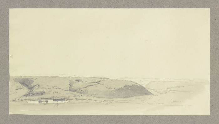 Landschaft mit langem Bergrücken, an seinem Fuß eine Reihe von Teichen à Carl Theodor Reiffenstein