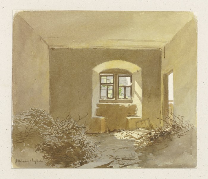 Raum mit Fensternische und gelagerten Reisigbündeln à Carl Theodor Reiffenstein