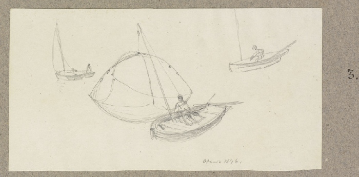 Studienblatt: Drei Boote mit einer darin sitzenden Figur, das mittlere mit Reuse à Carl Theodor Reiffenstein